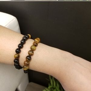 Handmade 8mm Black Onix&Tiger eyes Beaded Bracelet